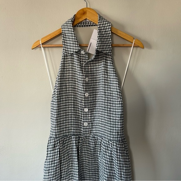 Reformation Tace Linen Dress in Slate Check Navy Open Back Midi Button Size 10 - Picture 5 of 8